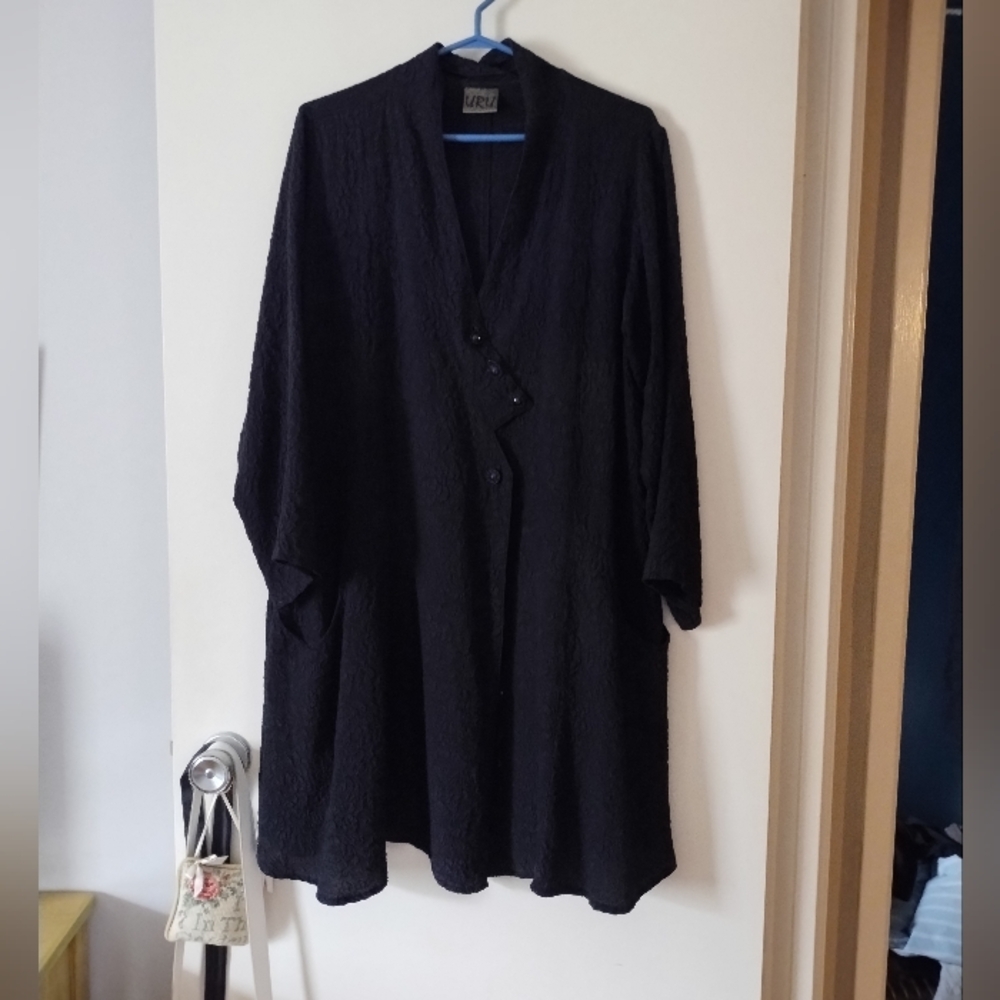 URU Black Hammered Silk Asymmetric Button Dress L